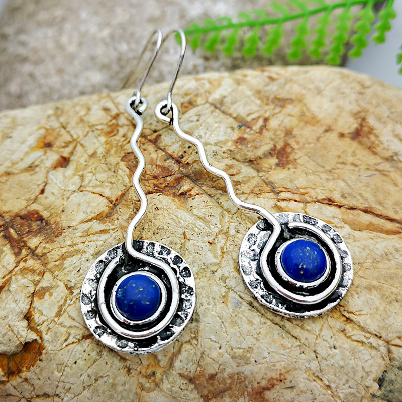 Yung yu wish hot style plated 925 vintage Thai silver hand-bent silk pendant set with blue lapis lazuli creative earrings