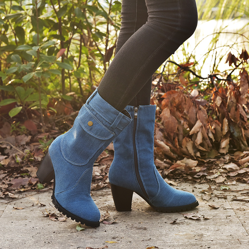 2020 Giant Ti Whole Independent Station Wish Foreign Trade Large Size High Heel Denim Tube Women's Boots 2020 Giant Ti Whole Independent Station Wish Foreign Trade Large Size High Heel Denim Tube Women's Boots