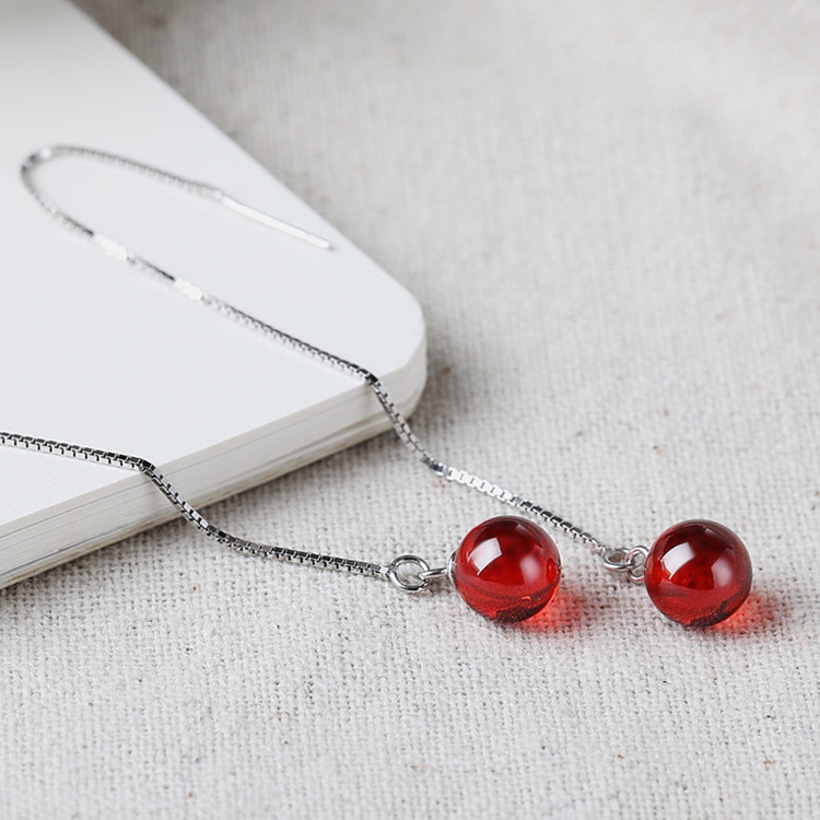 925 Sterling Silver Ear Lines Earrings Garnet Red Crystal Stud Earrings Women&#039;s Long Tassel Earrings Internet Celebrity Korean Anti-Allergy