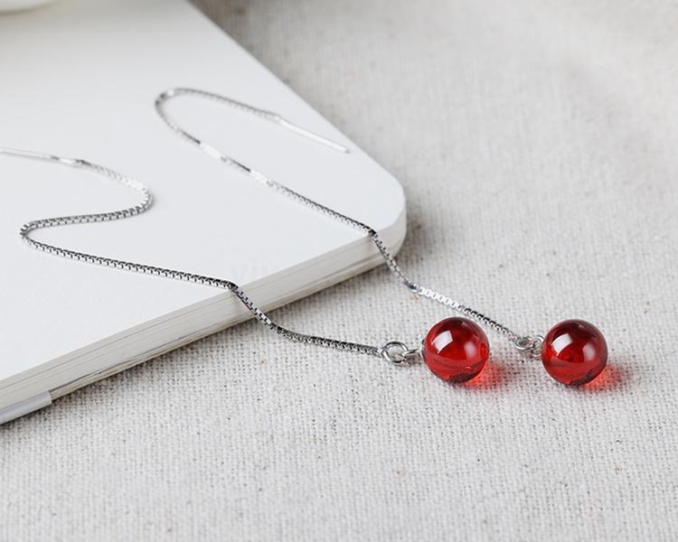 925 Sterling Silver Ear Lines Earrings Garnet Red Crystal Stud Earrings Women's Long Tassel Earrings Internet Celebrity Korean Anti-Allergy 925 Sterling Silver Ear Lines Earrings Garnet Red Crystal Stud Earrings Women's Long Tassel Earrings Internet Celebrity Korean Anti-Allergy