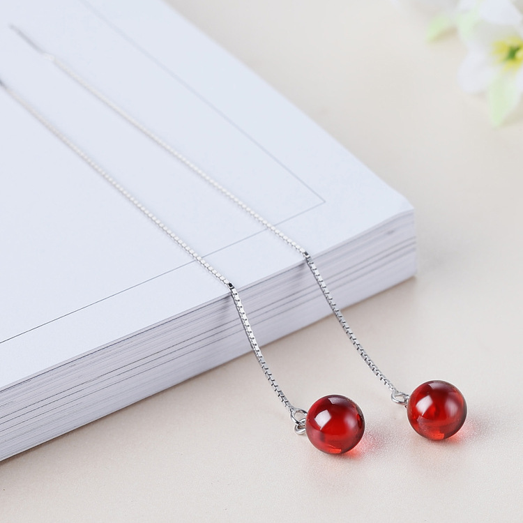 925 Sterling Silver Ear Lines Earrings Garnet Red Crystal Stud Earrings Women&#039;s Long Tassel Earrings Internet Celebrity Korean Anti-Allergy