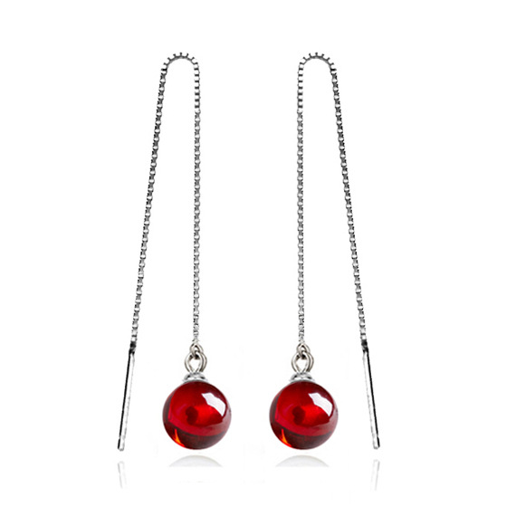 925 Sterling Silver Ear Lines Earrings Garnet Red Crystal Stud Earrings Women&#039;s Long Tassel Earrings Internet Celebrity Korean Anti-Allergy