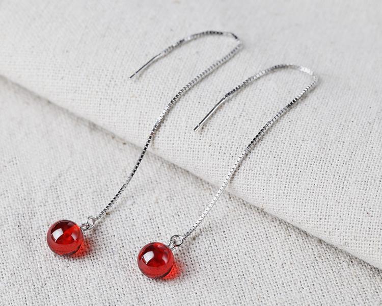 925 Sterling Silver Ear Lines Earrings Garnet Red Crystal Stud Earrings Women's Long Tassel Earrings Internet Celebrity Korean Anti-Allergy 925 Sterling Silver Ear Lines Earrings Garnet Red Crystal Stud Earrings Women's Long Tassel Earrings Internet Celebrity Korean Anti-Allergy