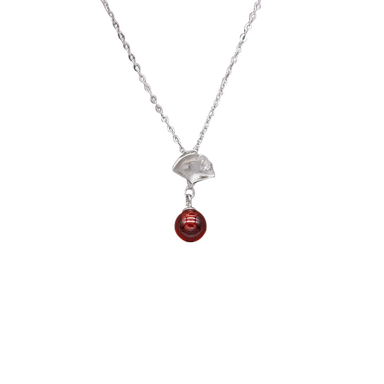 S925 pure silver plated platinum garnet strawberry crystal maple leaf necklace simple and grace valentine&#039;s day gift from Korea and Japan