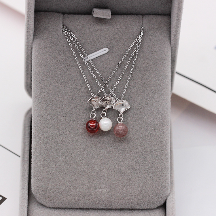 S925 pure silver plated platinum garnet strawberry crystal maple leaf necklace simple and grace valentine&#039;s day gift from Korea and Japan