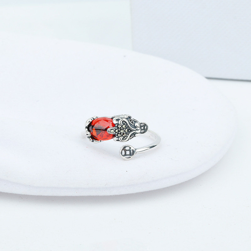 S925 Sterling Silver Pi Xiu Ring Female Fortune Lucky Vintage Ethnic Style Inlaid Garnet Ring Opening Hand Jewelry