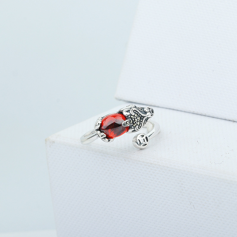 S925 Sterling Silver Pi Xiu Ring Female Fortune Lucky Vintage Ethnic Style Inlaid Garnet Ring Opening Hand Jewelry S925 Sterling Silver Pi Xiu Ring Female Fortune Lucky Vintage Ethnic Style Inlaid Garnet Ring Opening Hand Jewelry