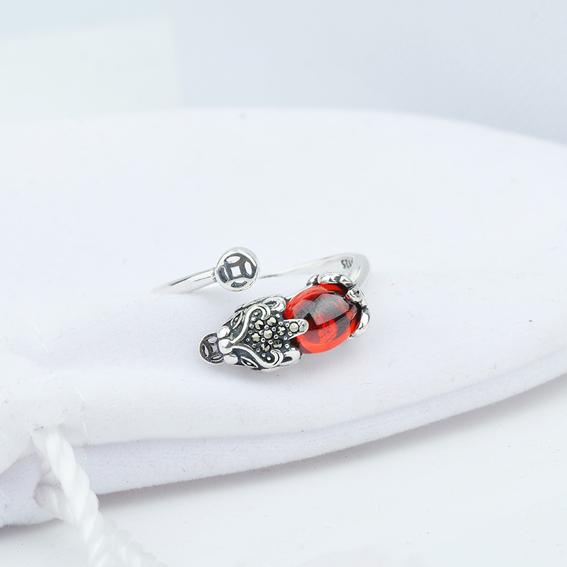 S925 Sterling Silver Pi Xiu Ring Female Fortune Lucky Vintage Ethnic Style Inlaid Garnet Ring Opening Hand Jewelry