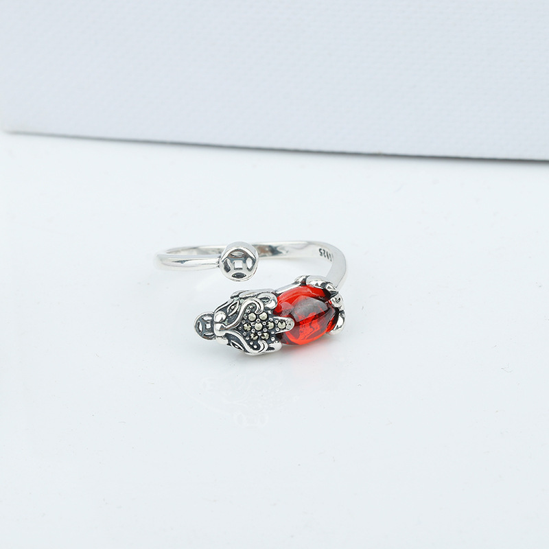 S925 Sterling Silver Pi Xiu Ring Female Fortune Lucky Vintage Ethnic Style Inlaid Garnet Ring Opening Hand Jewelry S925 Sterling Silver Pi Xiu Ring Female Fortune Lucky Vintage Ethnic Style Inlaid Garnet Ring Opening Hand Jewelry