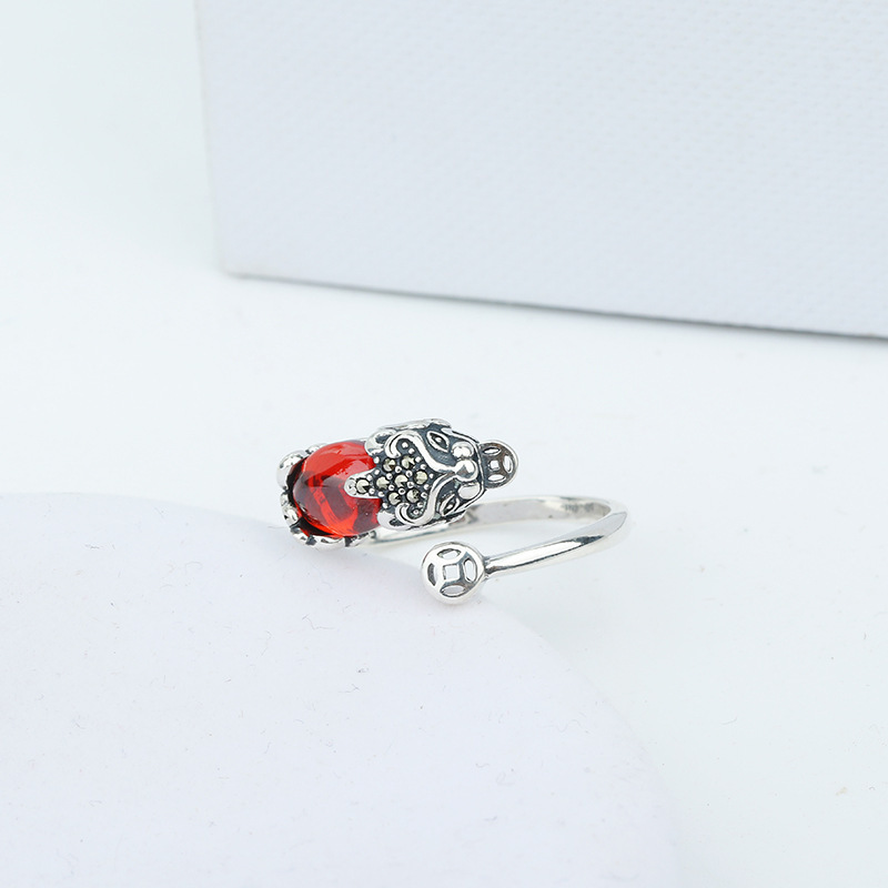 S925 Sterling Silver Pi Xiu Ring Female Fortune Lucky Vintage Ethnic Style Inlaid Garnet Ring Opening Hand Jewelry S925 Sterling Silver Pi Xiu Ring Female Fortune Lucky Vintage Ethnic Style Inlaid Garnet Ring Opening Hand Jewelry