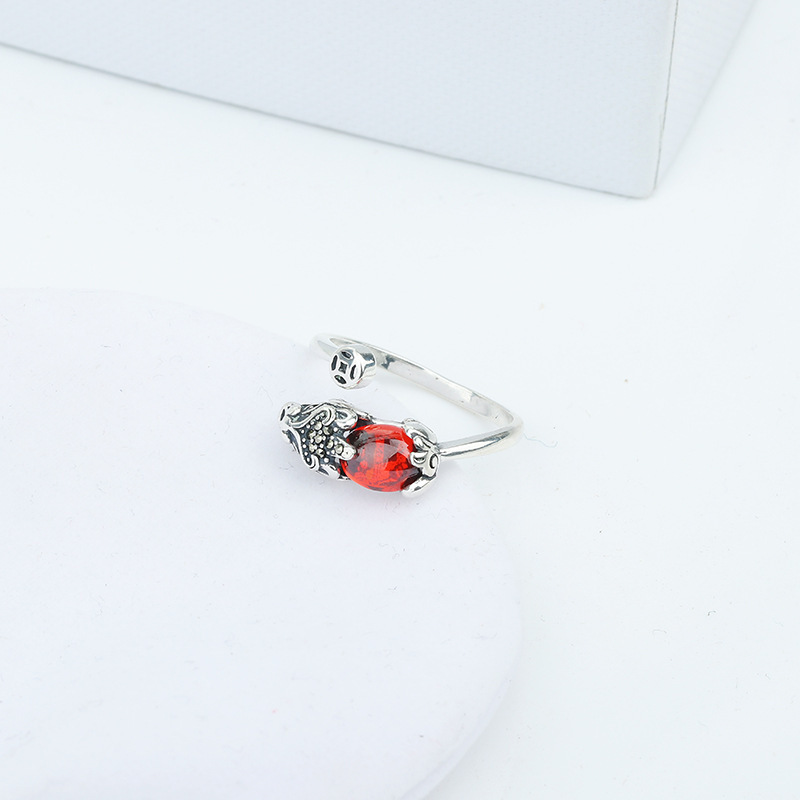 S925 Sterling Silver Pi Xiu Ring Female Fortune Lucky Vintage Ethnic Style Inlaid Garnet Ring Opening Hand Jewelry S925 Sterling Silver Pi Xiu Ring Female Fortune Lucky Vintage Ethnic Style Inlaid Garnet Ring Opening Hand Jewelry