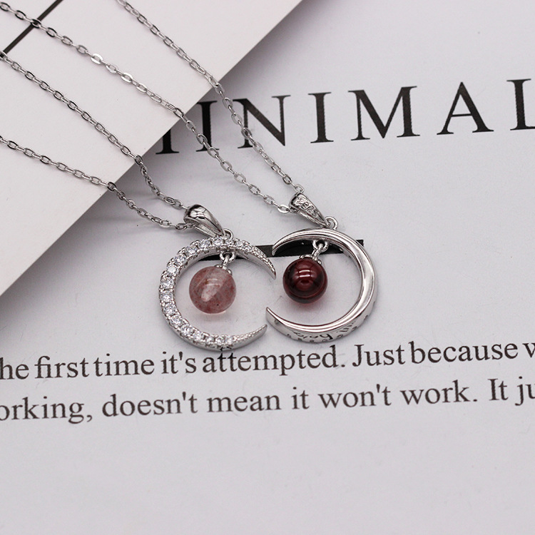 S925 pure silver plated platinum garnet crescent moon necklace simple and grace valentine's day gift from Japan and Korea S925 pure silver plated platinum garnet crescent moon necklace simple and grace valentine's day gift from Japan and Korea