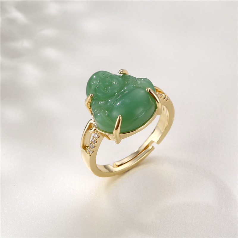 Amazon Maitreya Buddha Ring Copper Plating 18K Gold Inlaid with Jade Rings One Size Open Ring Buddha Bracelet for Women