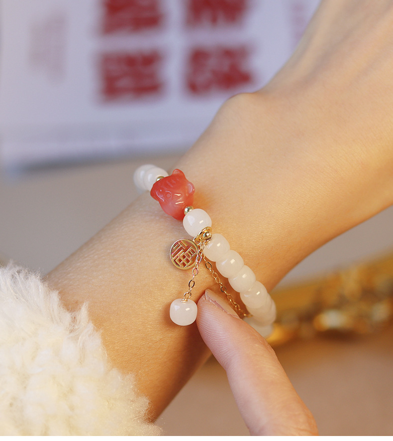 Young Spirit Hetian Jade Light Luxury New South Red Tiger Bracelet Hetian White Jade DIY Blessing Card Beaded Bracelet Wholesale
