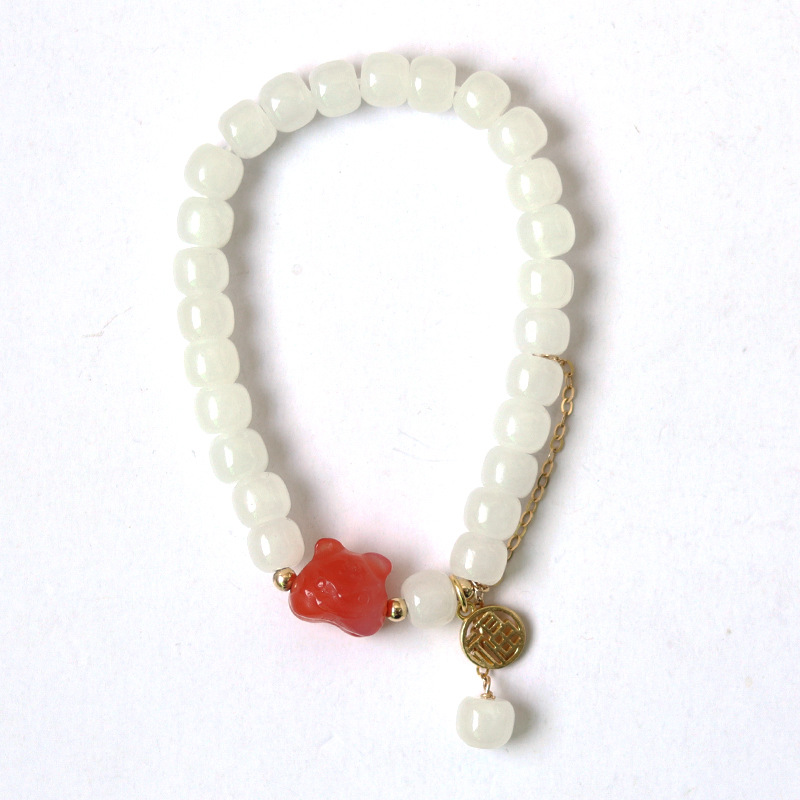 Young Spirit Hetian Jade Light Luxury New South Red Tiger Bracelet Hetian White Jade DIY Blessing Card Beaded Bracelet Wholesale