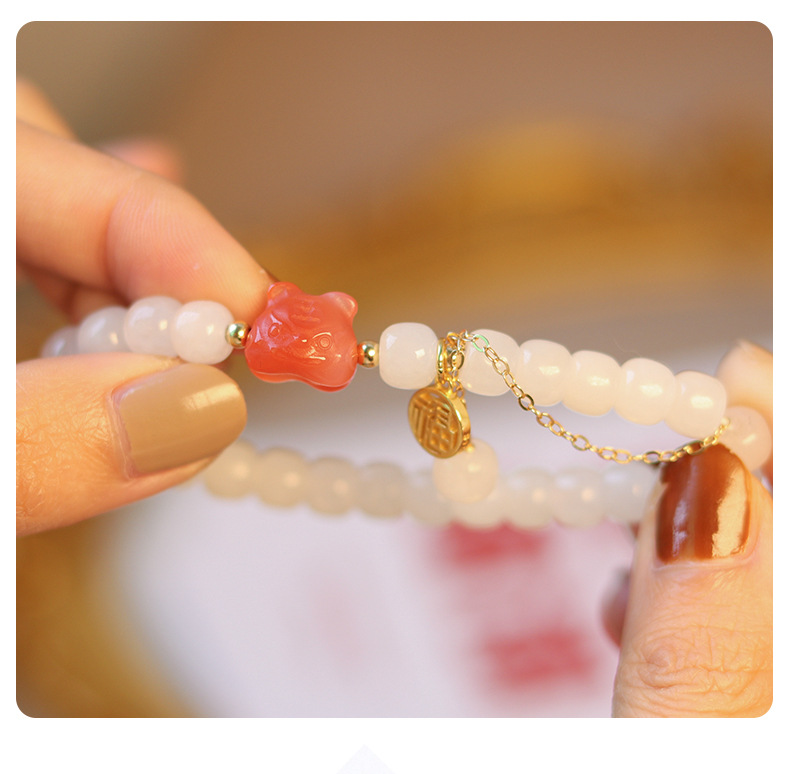 Young Spirit Hetian Jade Light Luxury New South Red Tiger Bracelet Hetian White Jade DIY Blessing Card Beaded Bracelet Wholesale
