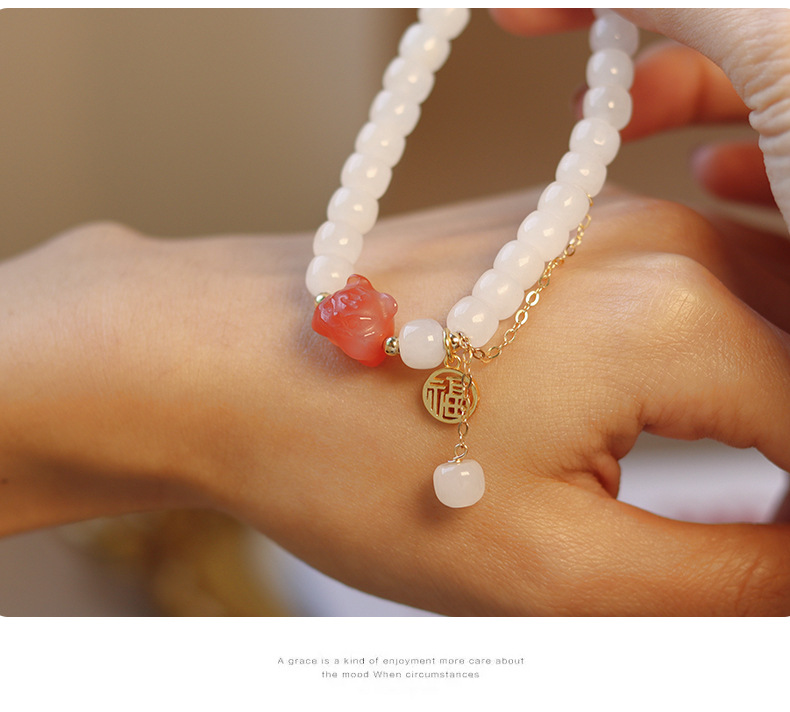 Young Spirit Hetian Jade Light Luxury New South Red Tiger Bracelet Hetian White Jade DIY Blessing Card Beaded Bracelet Wholesale