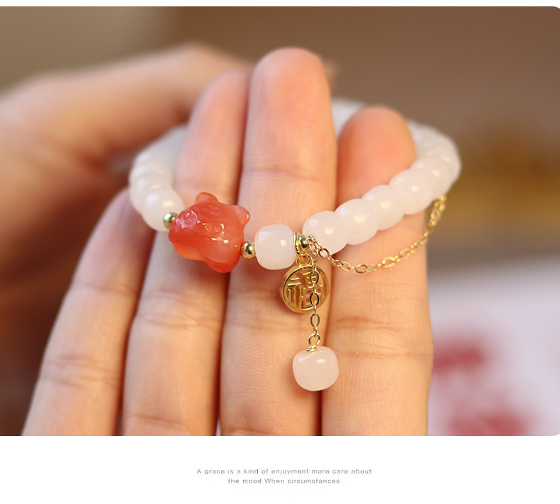 Young Spirit Hetian Jade Light Luxury New South Red Tiger Bracelet Hetian White Jade DIY Blessing Card Beaded Bracelet Wholesale