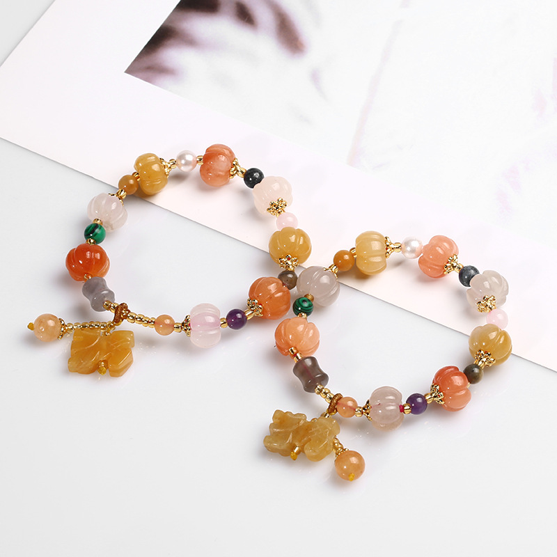 Original Natural Xinjiang Jinsi Jade Bracelet Auspicious Men and Women Couple Pumpkin Beads Bamboo Hanging Gourd Topaz Bracelet