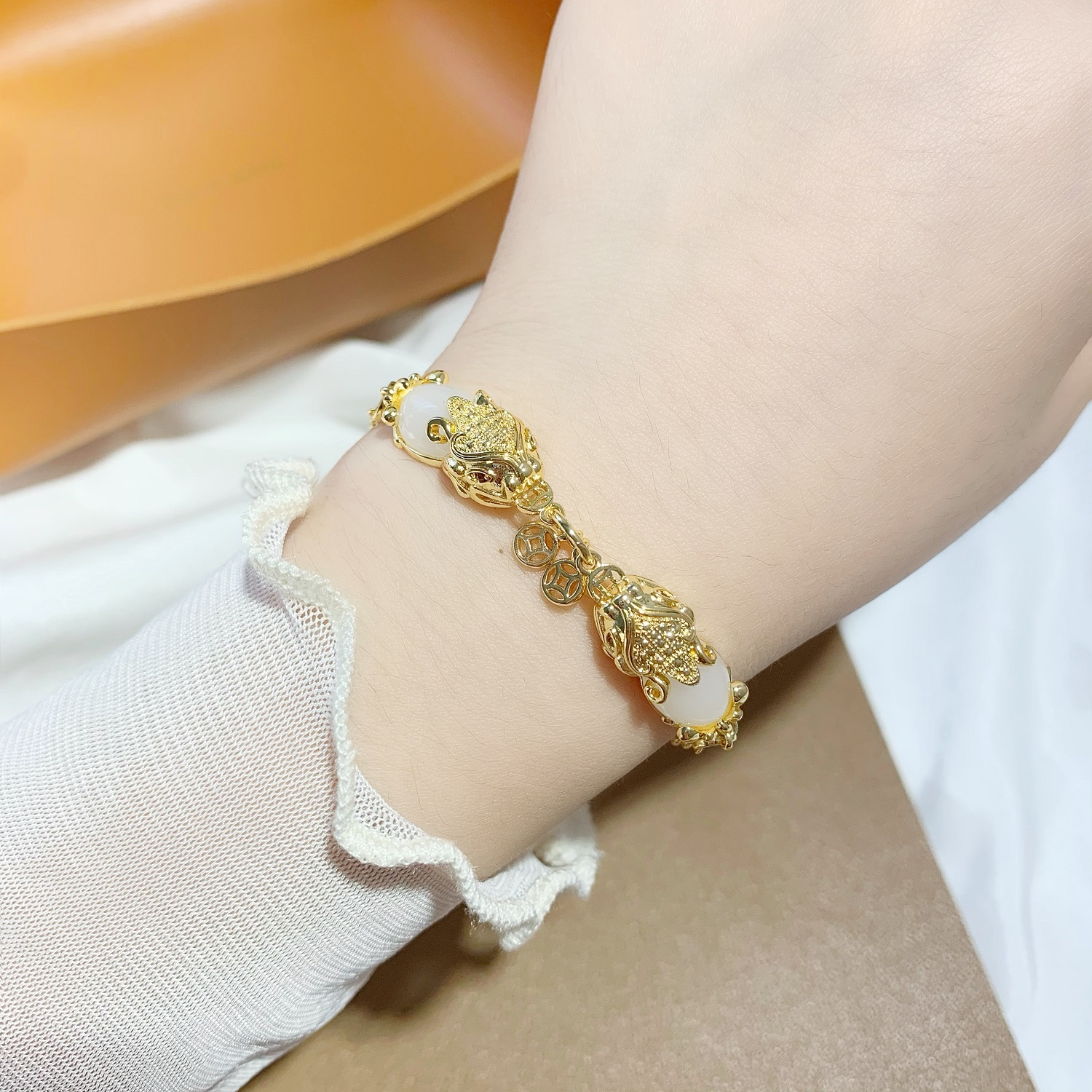 Money Drawing Pi Xiu Copper Coin Bracelet Vietnam Placer Gold Hand Jewelry Imitation 18K Yellow Gold Inlaid with Jade Bracelet for Women No Color Fading