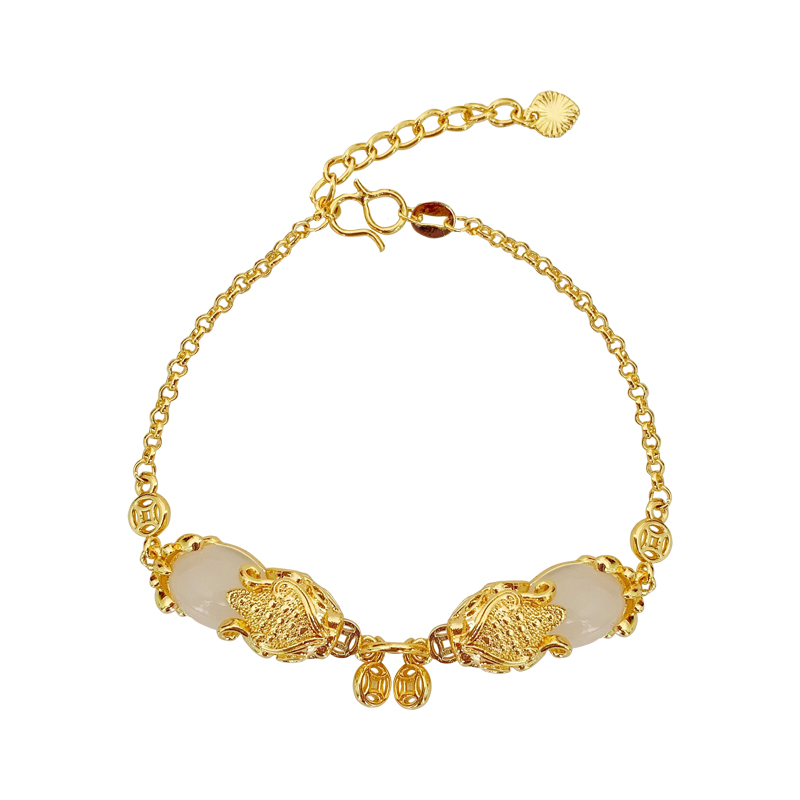 Money Drawing Pi Xiu Copper Coin Bracelet Vietnam Placer Gold Hand Jewelry Imitation 18K Yellow Gold Inlaid with Jade Bracelet for Women No Color Fading