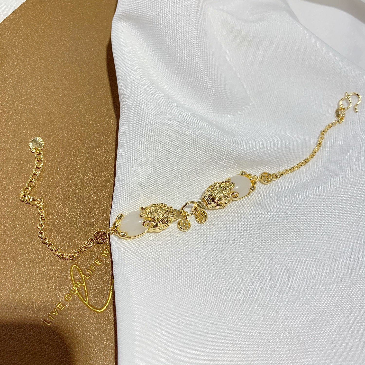 Money Drawing Pi Xiu Copper Coin Bracelet Vietnam Placer Gold Hand Jewelry Imitation 18K Yellow Gold Inlaid with Jade Bracelet for Women No Color Fading