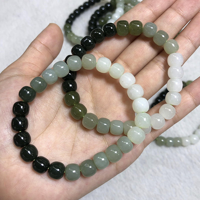 Qinghai Hetian Jade Old Beads Bracelet Jade Hand Toy Hetian White Jade Bracelet Men's and Women's Jasper Multi-Treasure Bracelet