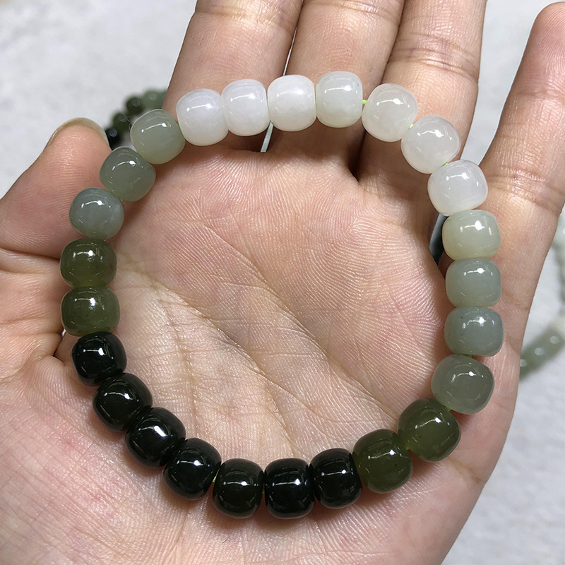 Qinghai Hetian Jade Old Beads Bracelet Jade Hand Toy Hetian White Jade Bracelet Men's and Women's Jasper Multi-Treasure Bracelet