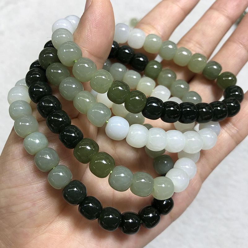 Qinghai Hetian Jade Old Beads Bracelet Jade Hand Toy Hetian White Jade Bracelet Men's and Women's Jasper Multi-Treasure Bracelet