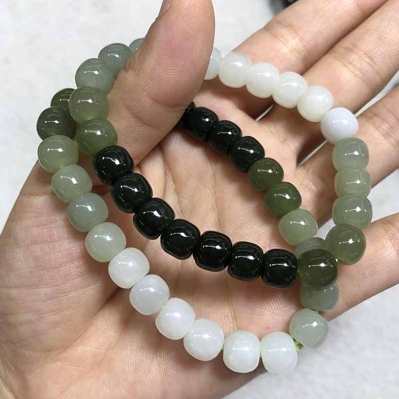 Qinghai Hetian Jade Old Beads Bracelet Jade Hand Toy Hetian White Jade Bracelet Men's and Women's Jasper Multi-Treasure Bracelet
