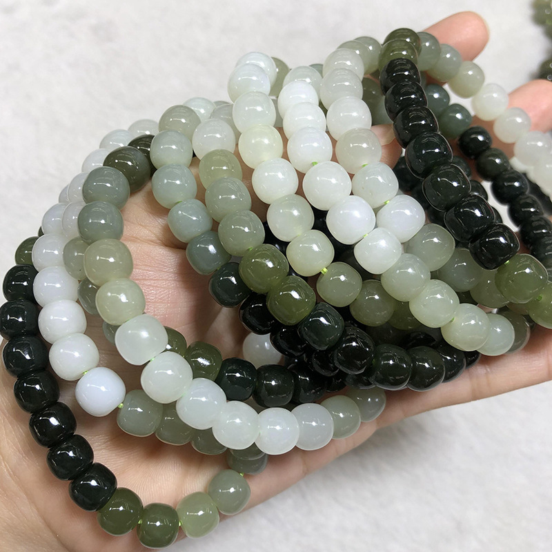 Qinghai Hetian Jade Old Beads Bracelet Jade Hand Toy Hetian White Jade Bracelet Men&#039;s and Women&#039;s Jasper Multi-Treasure Bracelet
