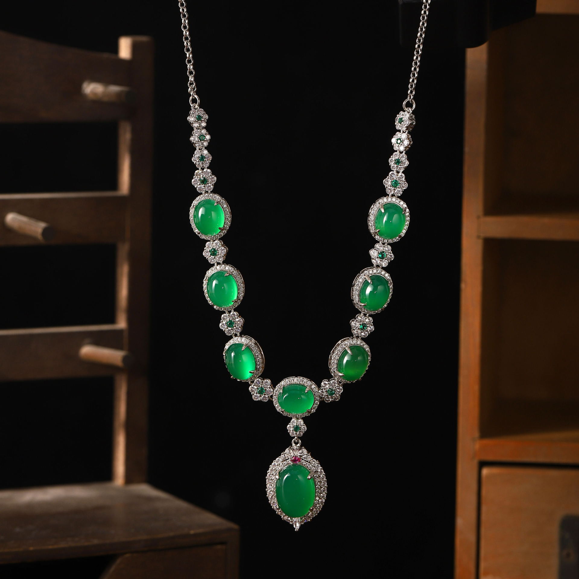 Green Chalcedony Necklace Earrings Inlaid Diamond Bracelet Set Jade Accessory/Jewelry Hetian Jade Chalcedony Four-Piece Set