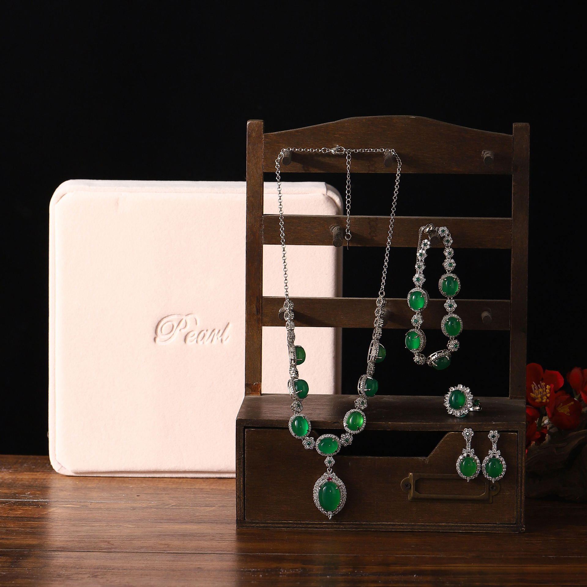 Green Chalcedony Necklace Earrings Inlaid Diamond Bracelet Set Jade Accessory/Jewelry Hetian Jade Chalcedony Four-Piece Set