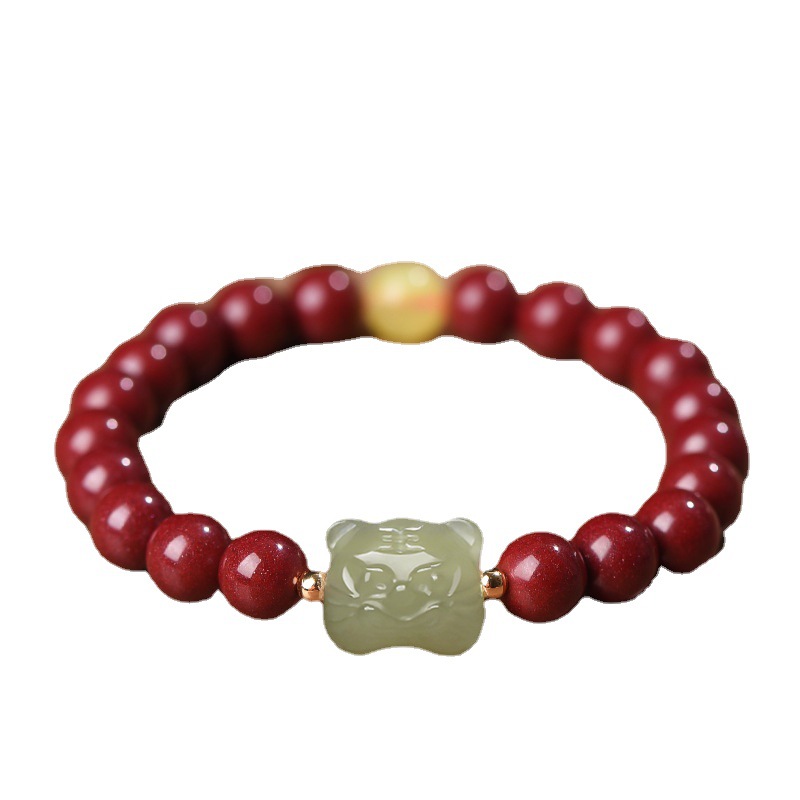 Year of Tiger Year of Fate Bracelet Women&#039;s Hetian Jade Chinese Zodiac Tiger Cinnabar Bracelet Ornament Gift Simple and Fresh