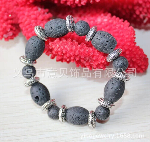 [YiBei Coral] Natural  volcano stone beads and barrel bead with alloybracelet volcano stone jewelry wholesale