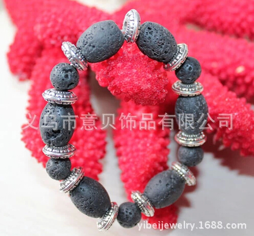 [YiBei Coral] Natural  volcano stone beads and barrel bead with alloybracelet volcano stone jewelry wholesale