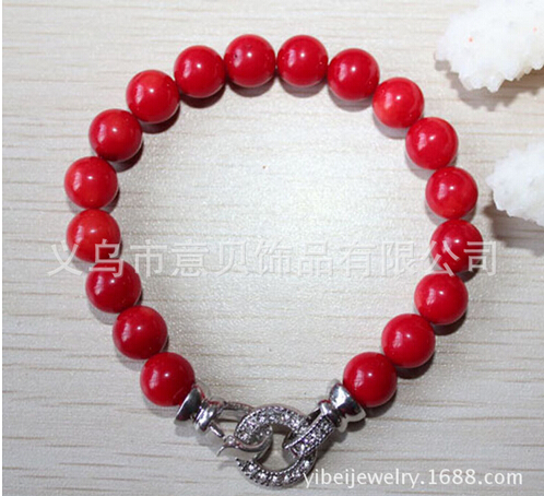 Natural red coral beads bracelets diamond CZ accessories round buckle bracelet