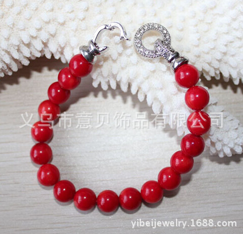 Natural red coral beads bracelets diamond CZ accessories round buckle bracelet Natural red coral beads bracelets diamond CZ accessories round buckle bracelet