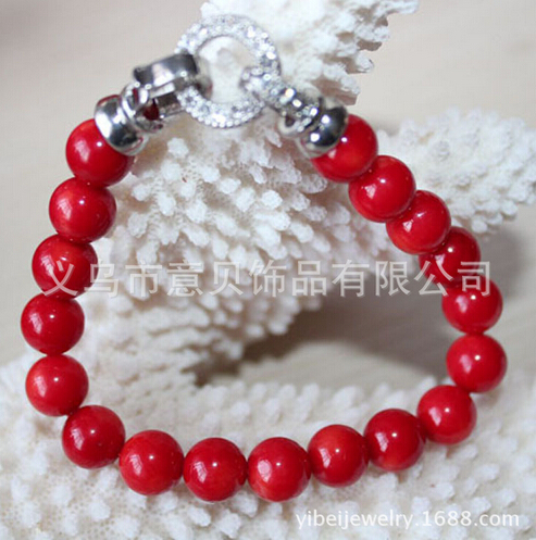 Natural red coral beads bracelets diamond CZ accessories round buckle bracelet Natural red coral beads bracelets diamond CZ accessories round buckle bracelet