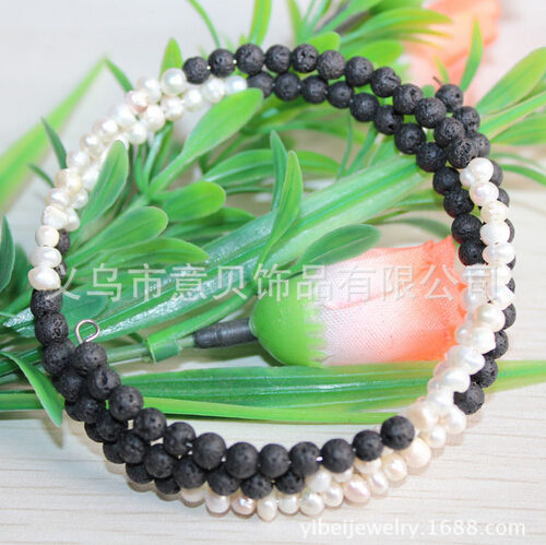 [YiBei Coral] Natural coral stone and pearl beads volcano three ring bracelet