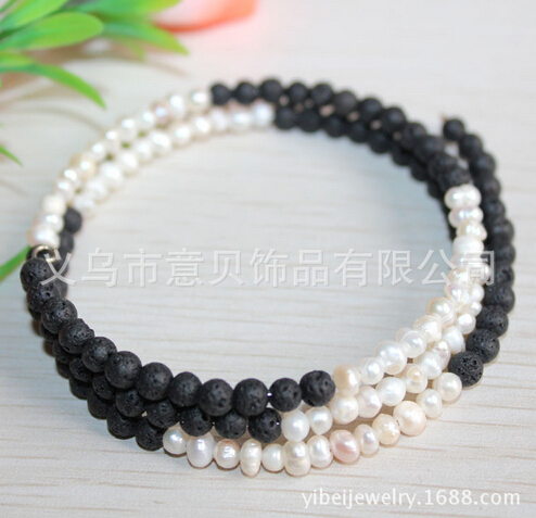 [YiBei Coral] Natural coral stone and pearl beads volcano three ring bracelet
