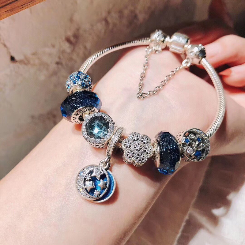Pandora Dream Shining Stars Sterling Silver S925 Beads Bright Blue Nostalgic Night Sky Dazzling Starry Sky Bracelet