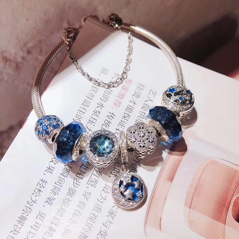 Pandora Dream Shining Stars Sterling Silver S925 Beads Bright Blue Nostalgic Night Sky Dazzling Starry Sky Bracelet