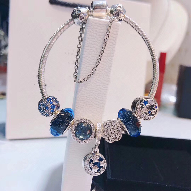 Pandora Dream Shining Stars Sterling Silver S925 Beads Bright Blue Nostalgic Night Sky Dazzling Starry Sky Bracelet