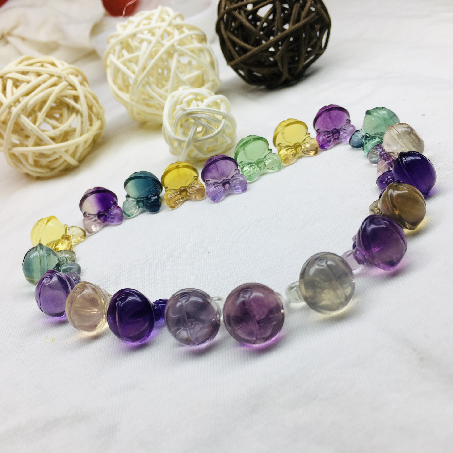 Natural Crystal Jade Colorful Fluorite Green Purple Sculpture Bell Bow DIY Accessories Bell Pendant
