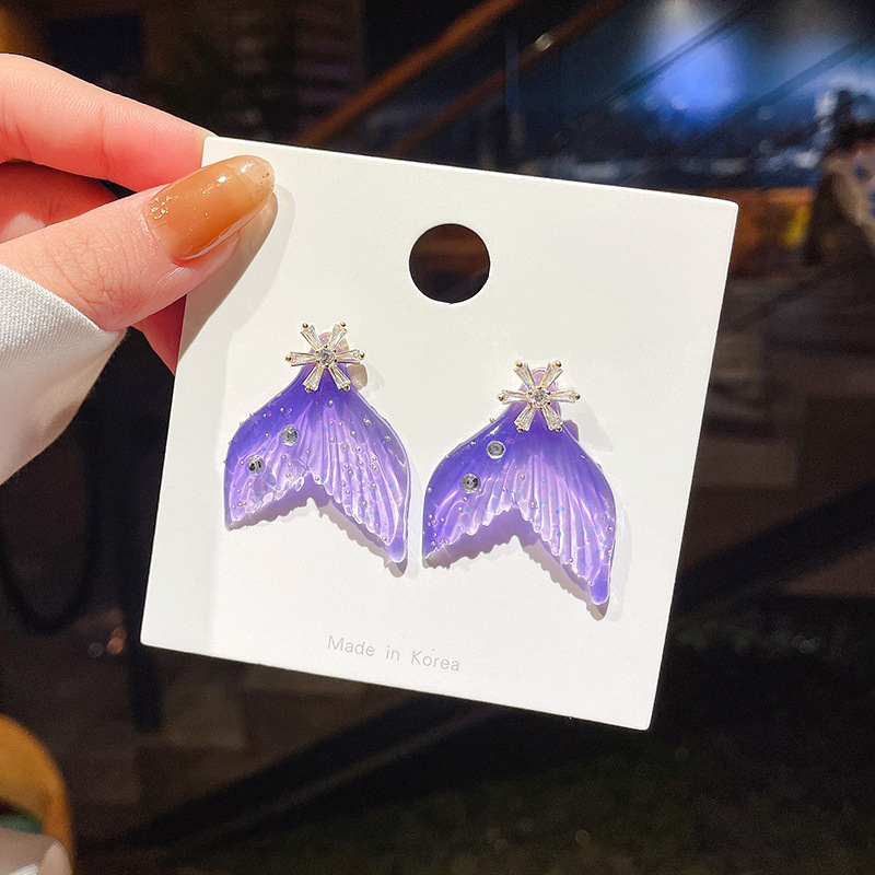 Sterling Silver Needle Korean Style Personalized Crystal Clear Fishtail Earrings Dream Purple Colorful Temperament Popular High-Grade Earrings