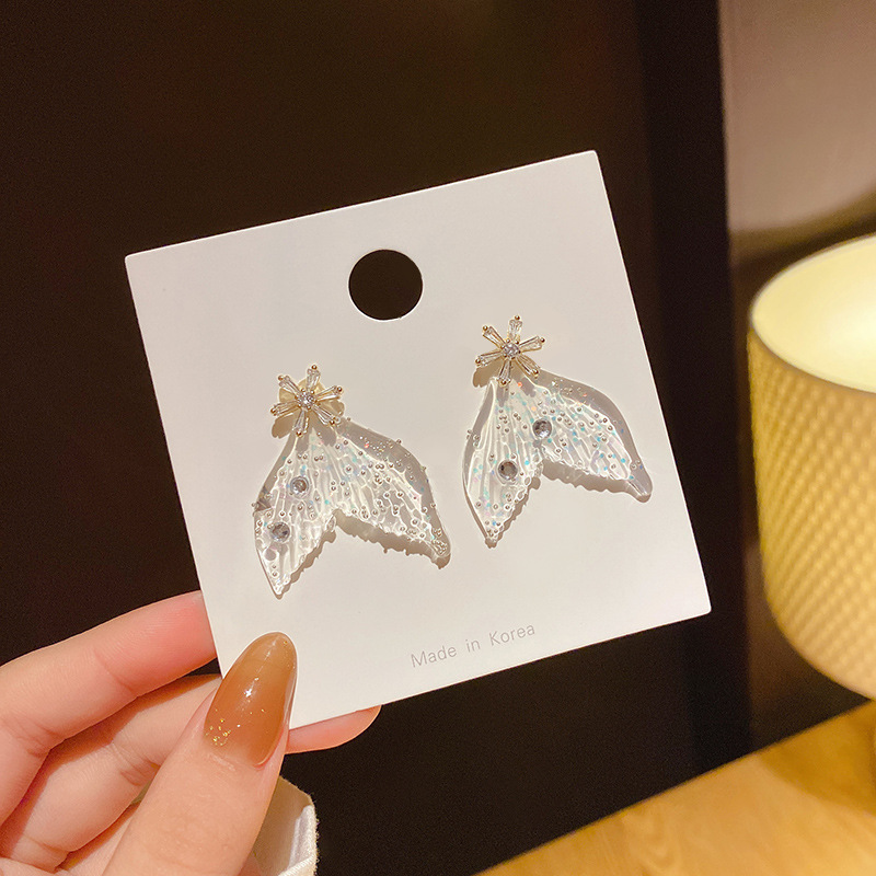 Sterling Silver Needle Korean Style Personalized Crystal Clear Fishtail Earrings Dream Purple Colorful Temperament Popular High-Grade Earrings