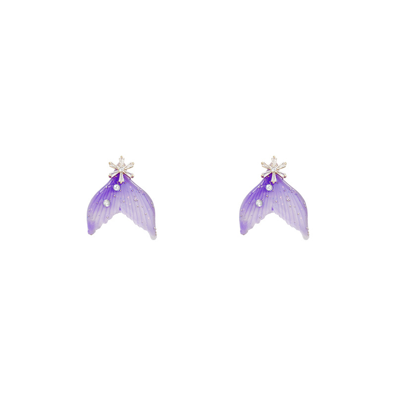 Sterling Silver Needle Korean Style Personalized Crystal Clear Fishtail Earrings Dream Purple Colorful Temperament Popular High-Grade Earrings