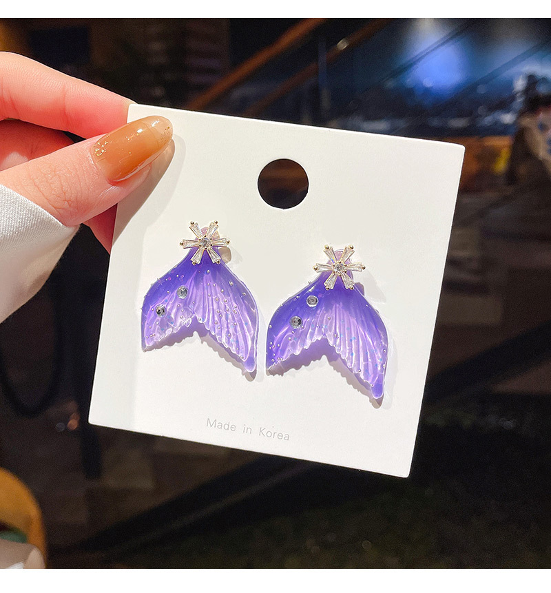 Sterling Silver Needle Korean Style Personalized Crystal Clear Fishtail Earrings Dream Purple Colorful Temperament Popular High-Grade Earrings