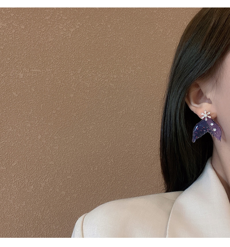 Sterling Silver Needle Korean Style Personalized Crystal Clear Fishtail Earrings Dream Purple Colorful Temperament Popular High-Grade Earrings